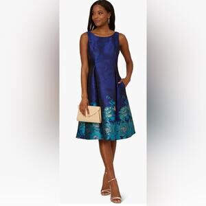 Adrianna Papell Women's Border Jacquard Dress in Blue Teal Multi Size 12